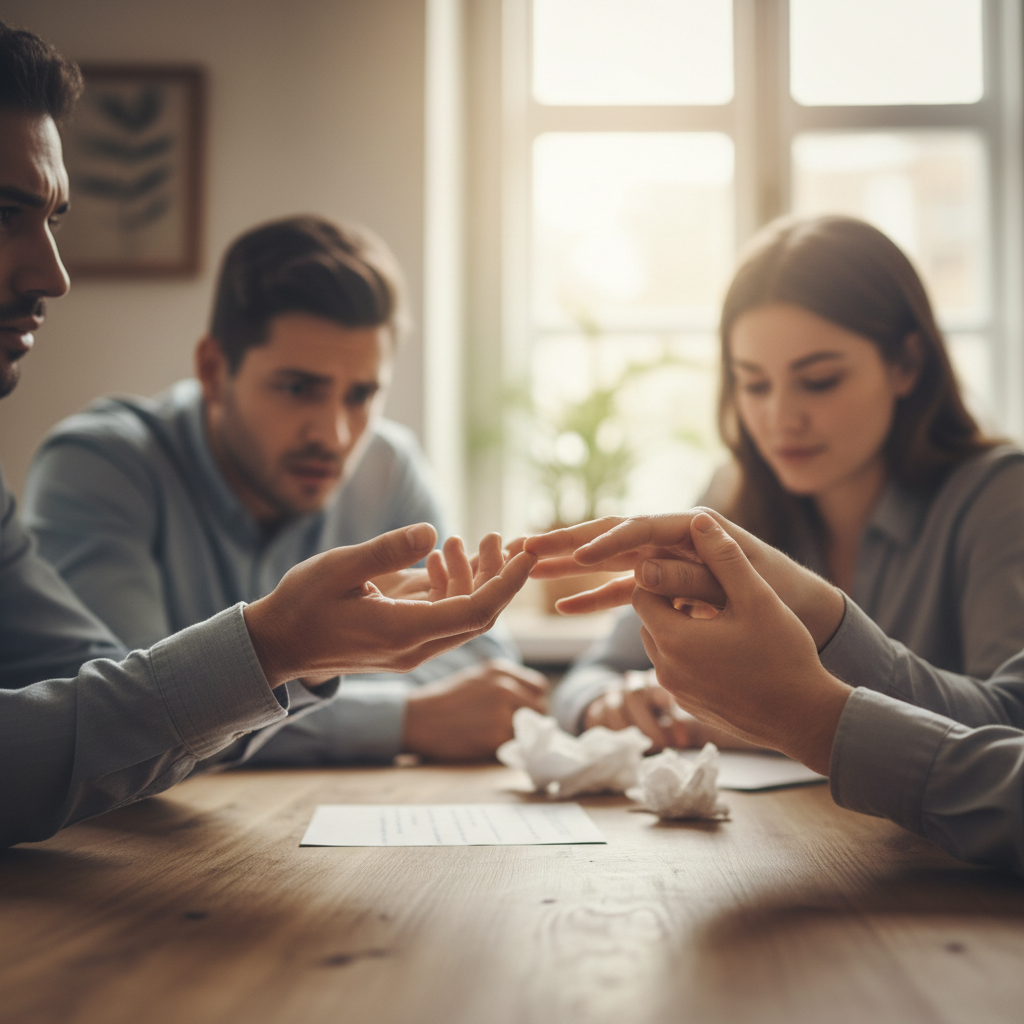 Hands reaching out in reconciliation after an argument, symbolizing active listening in relationship conflict advice
