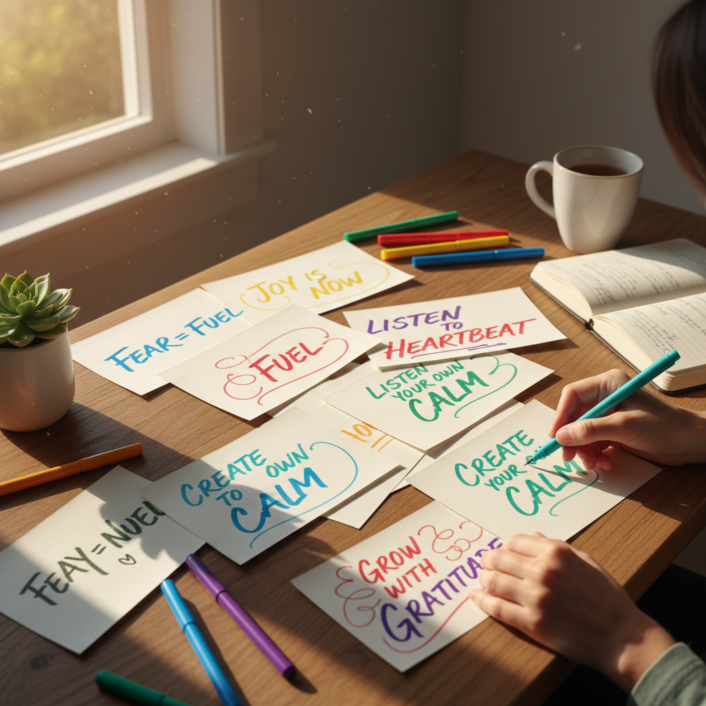 Handwritten prompts for emotional awareness journaling, creative scene
