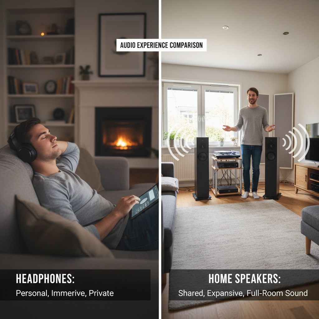 Comparison of personal and shared listening experiences: split-screen, person with headphones and person in home speaker setup