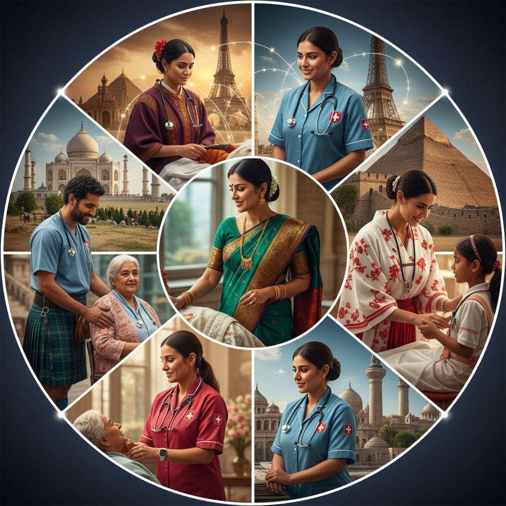 Assistants in varied cultural uniforms/settings, global montage, 16:9