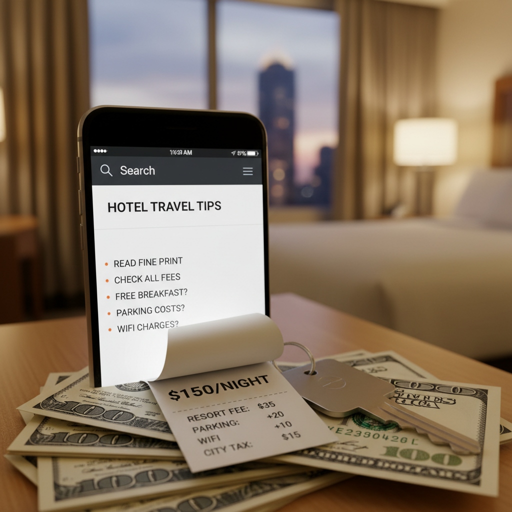Hidden costs in hotel deals, price tag with hidden strings, hotel travel tips visual