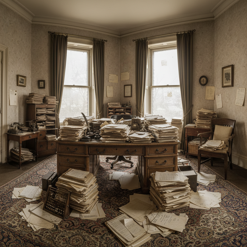 Historic office cluttered with paperwork, stacks of files, and handwritten notes representing analog task management.