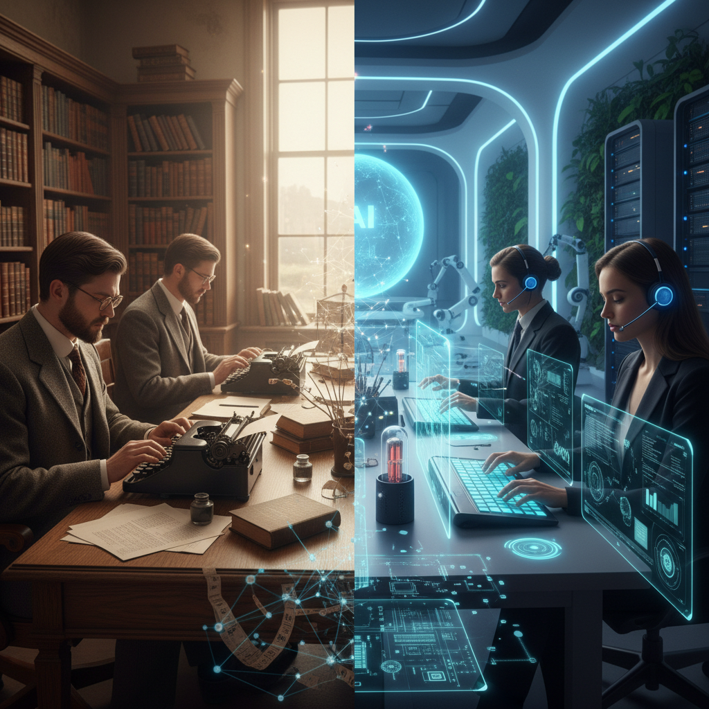 Historic progression of technical writers, from typewriters to AI-powered digital offices