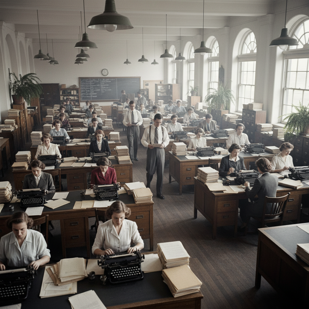 Historical office assistants working at typewriters in a crowded office, highlighting gendered office roles and the origins of office assistance