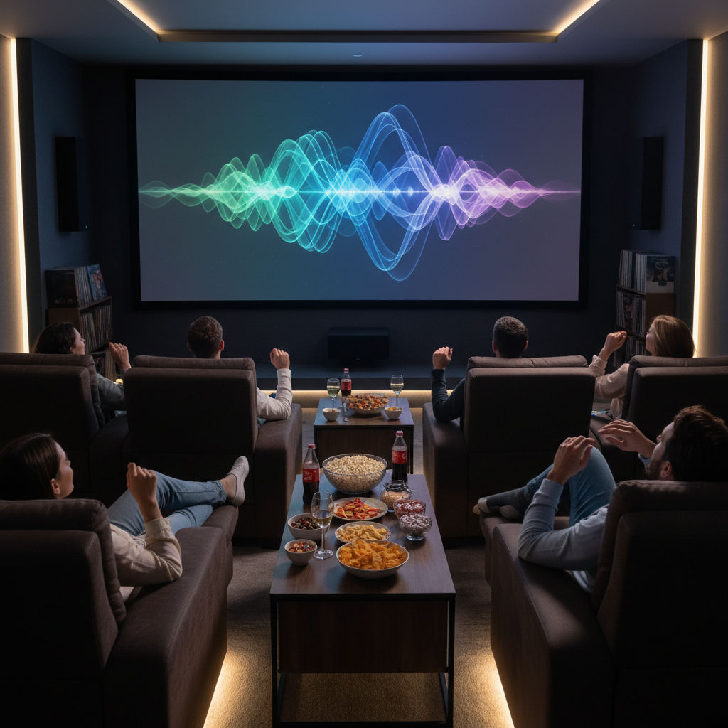Home theater setup, group of friends listening to movie soundtracks, dim lighting, snacks