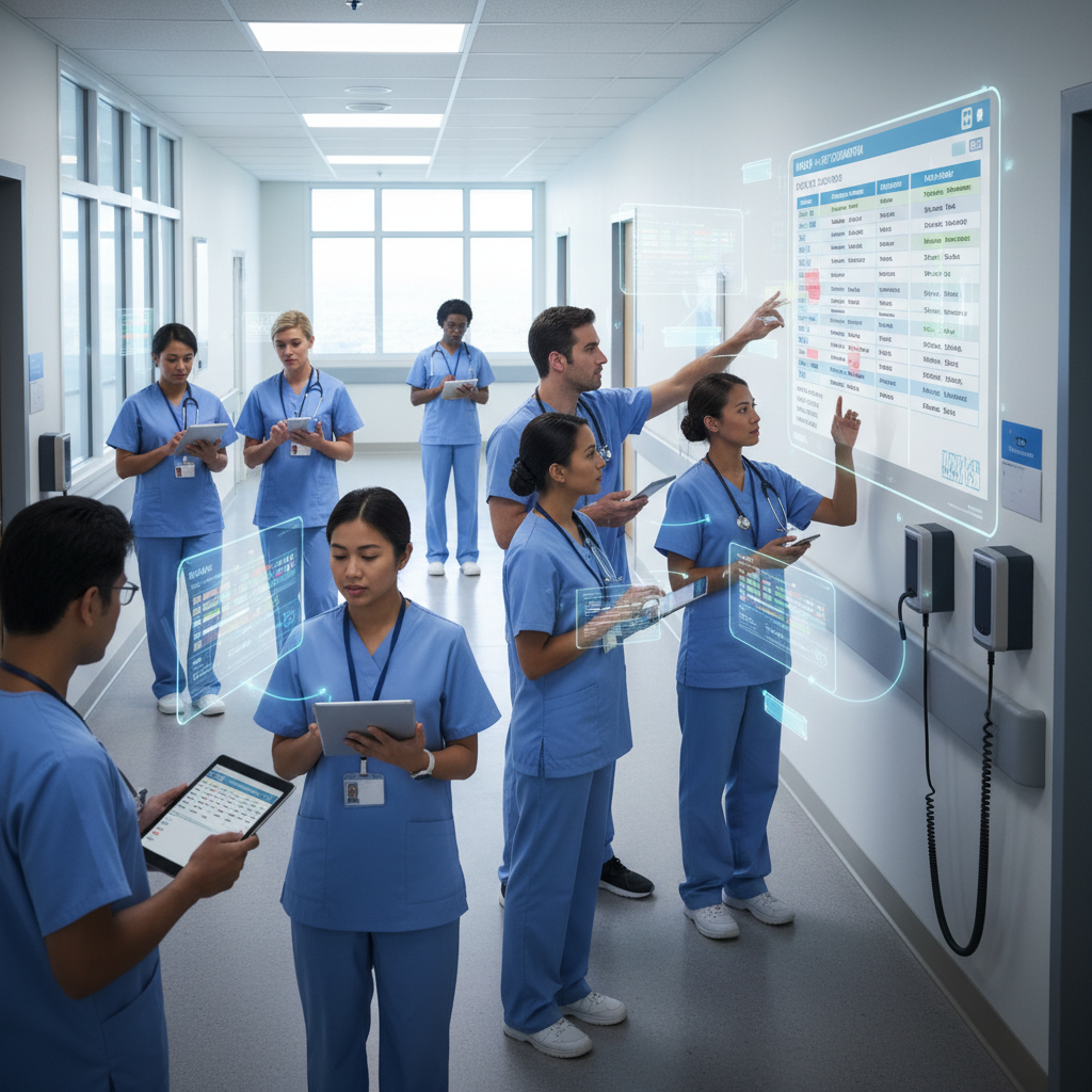 Hospital staff using digital tools to coordinate shifts in a busy corridor, candid photo