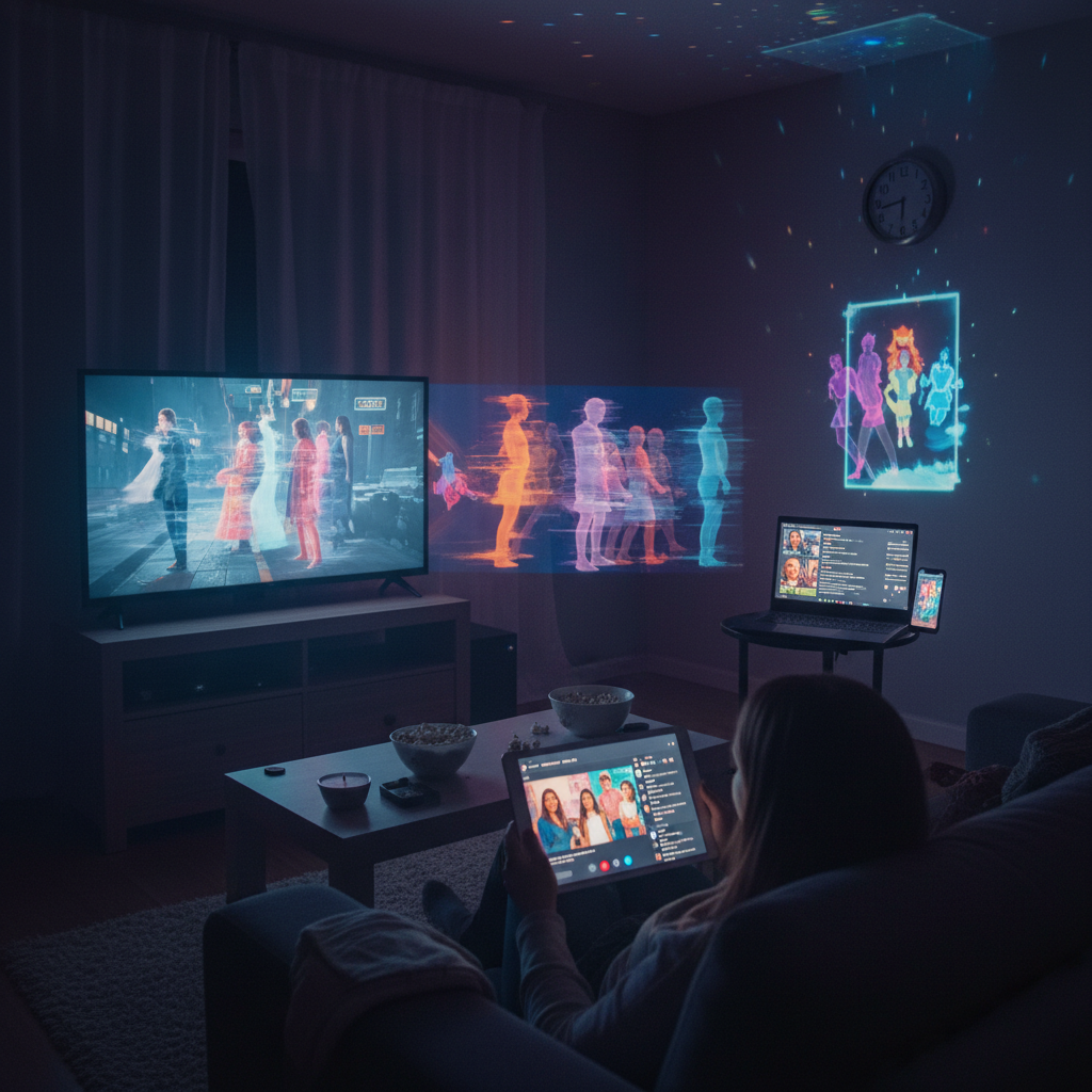 Household at night with multiple screens glowing, montage of fading characters, 16:9, streaming culture mortality cinema