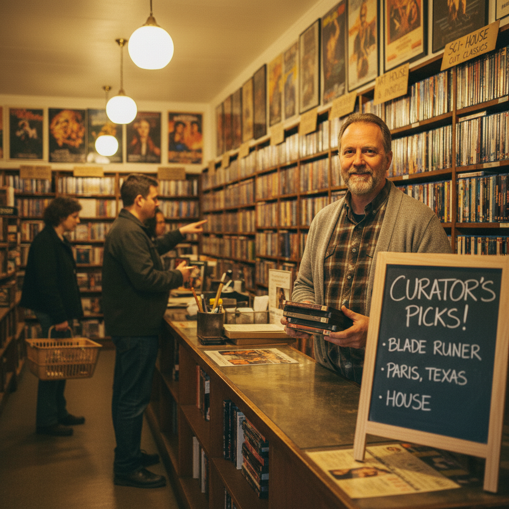 Human curator organizing movie recommendations, vintage video store, VHS tapes, customized movie lists