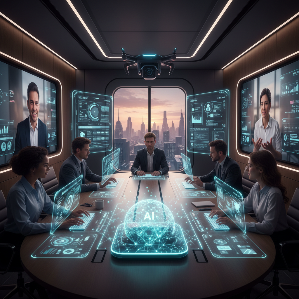 Hybrid team collaborating with AI-powered productivity coordinator in a futuristic meeting room, holographic dashboard, diverse participants.