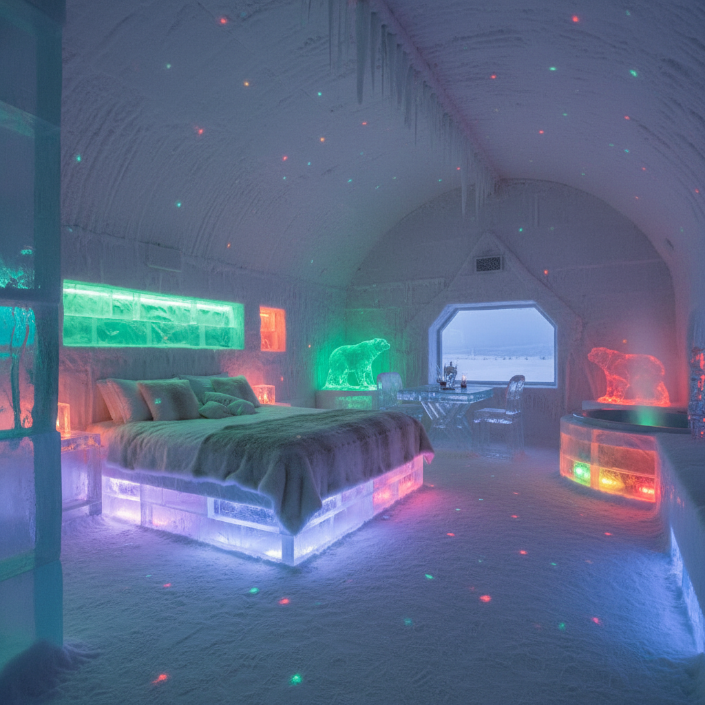 Ice hotel suite with glowing blue and purple lights, bed made of ice and fur throws