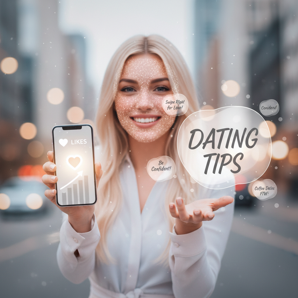 Person watching influencer giving dating tips, surrounded by digital filters and likes, reality blurred