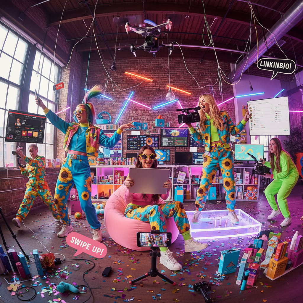 Satirical photo of influencers filming themselves for multiple platforms, bright colors, chaotic energy, performativity in digital life