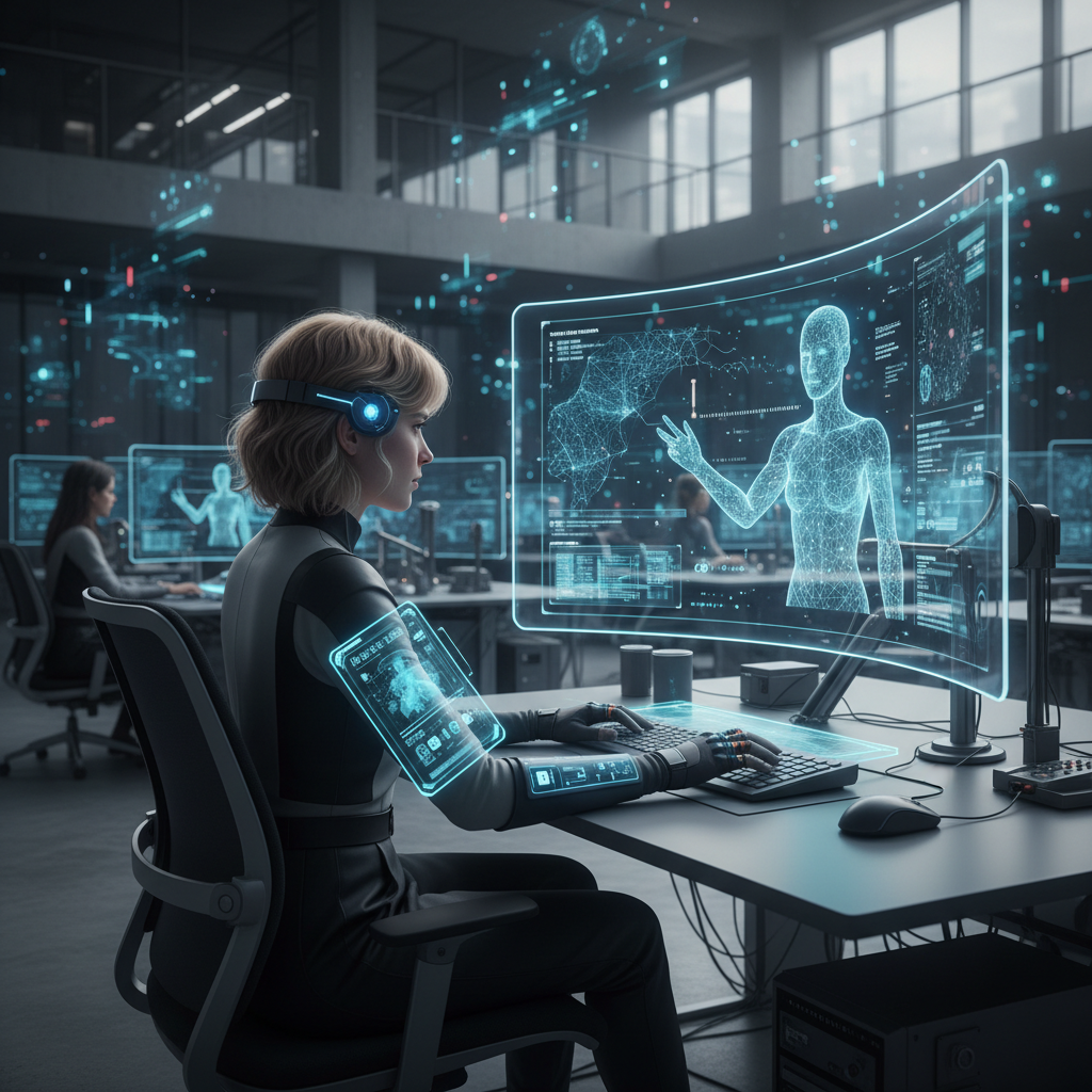 Information coordinator and AI working side by side at a collaborative workstation