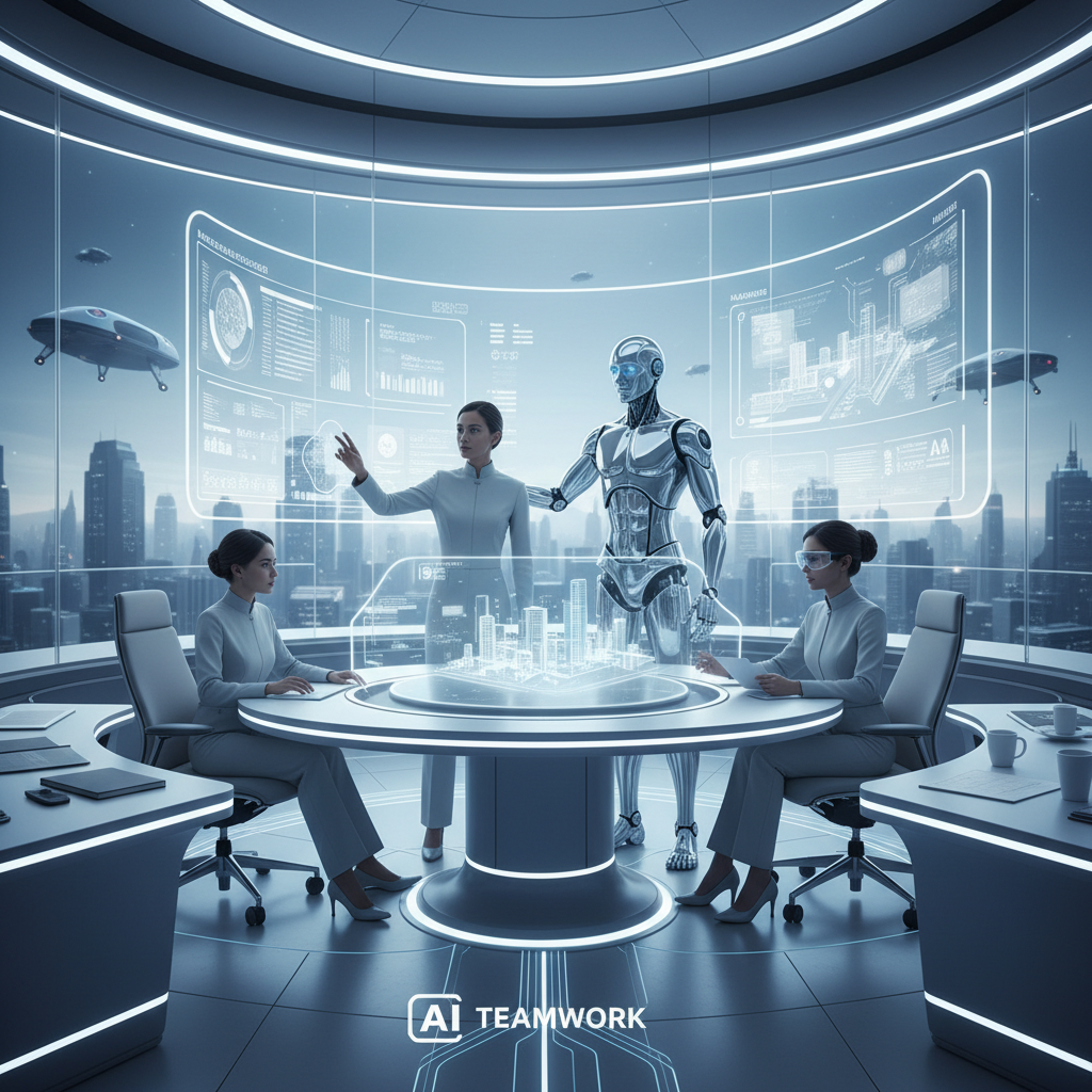 Information coordinator working with AI teammate at a futuristic office desk