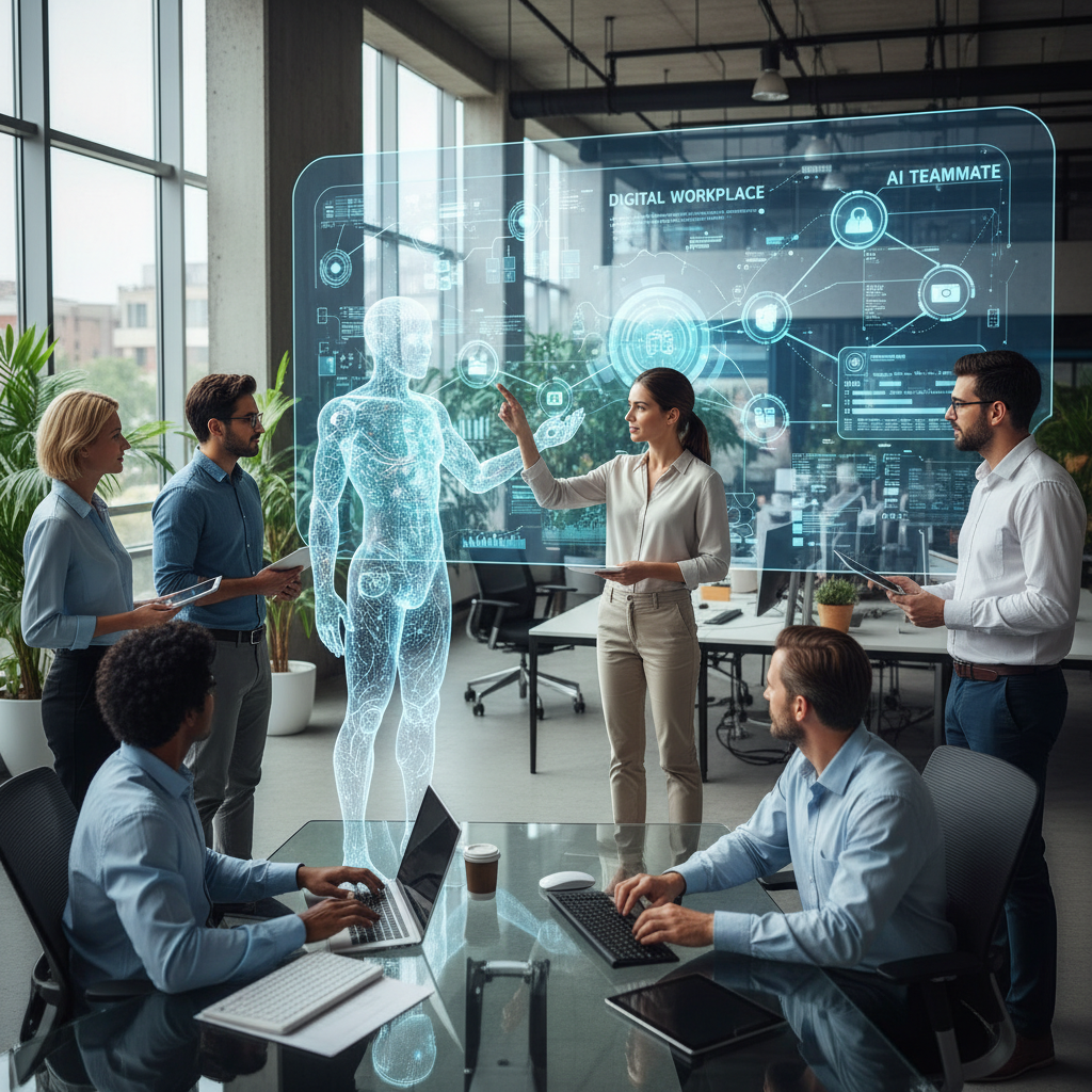 Information coordinator managing digital flows in a modern hybrid office with AI teammates