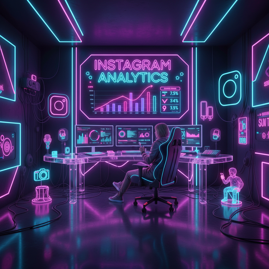 Kreator analizujący dane na Instagramie w neonowym pokoju – zaangażowanie, statystyki, laptop