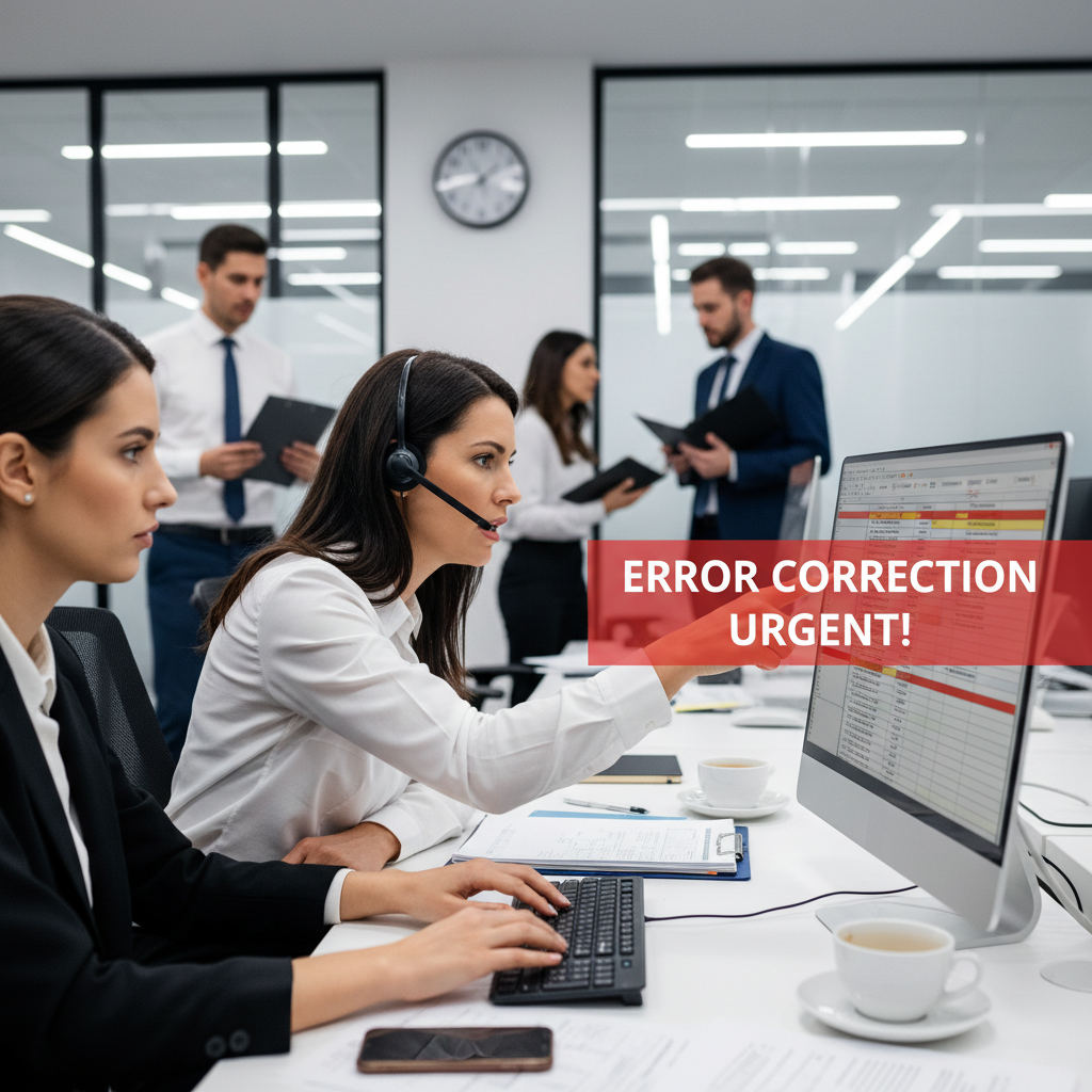 Insurance coordinator catching an error before disaster, urgently scanning files in a dramatic office scene