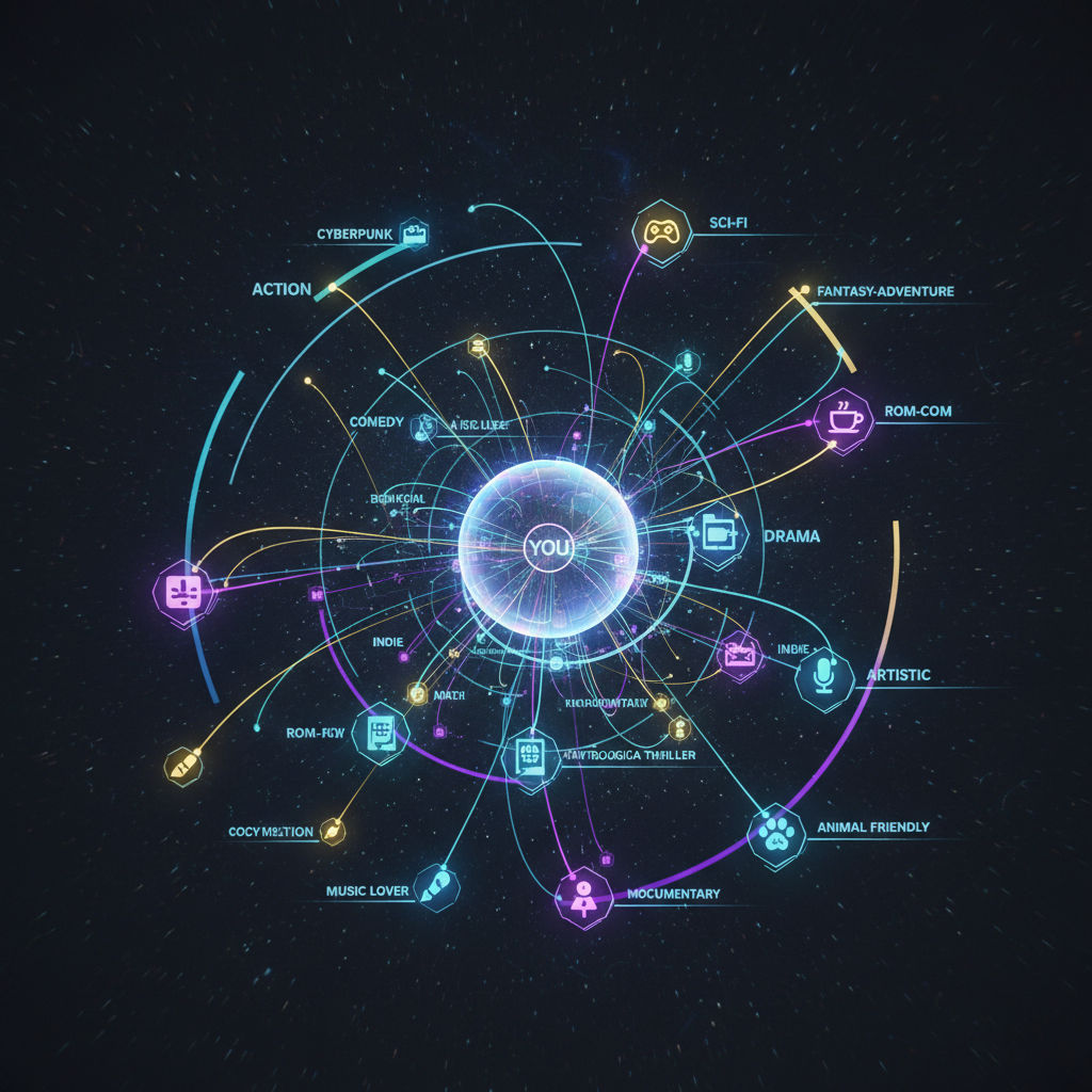 A stylized infographic photo showing interconnected movie genres and personalization tags, visually representing the complexity of movie subscription vod