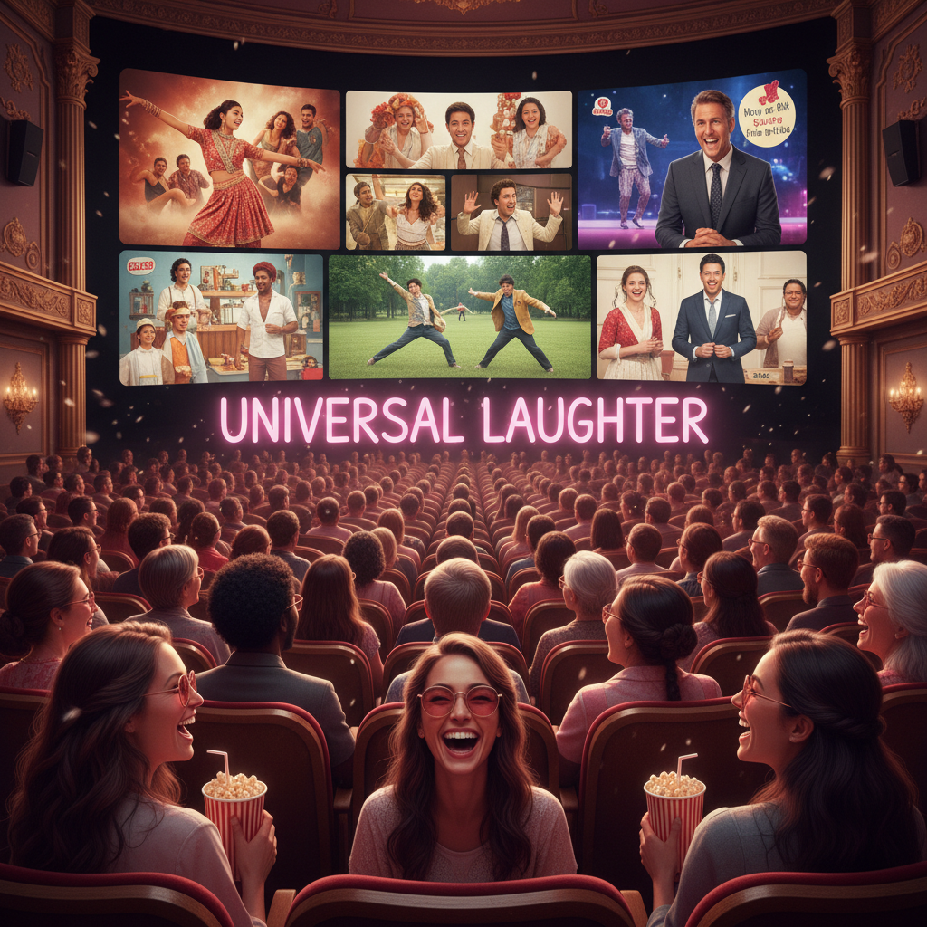 International moviegoers laughing, diverse setting, vibrant colors, rose colored comedy cinema around the world