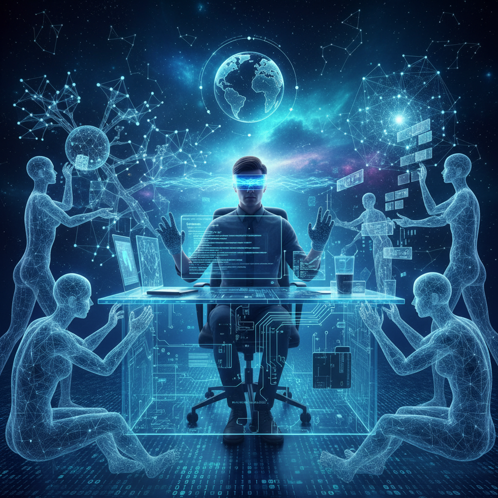 Ekspresyjny portret internauty analizującego recenzje na tle kodu komputerowego – AI w akcji