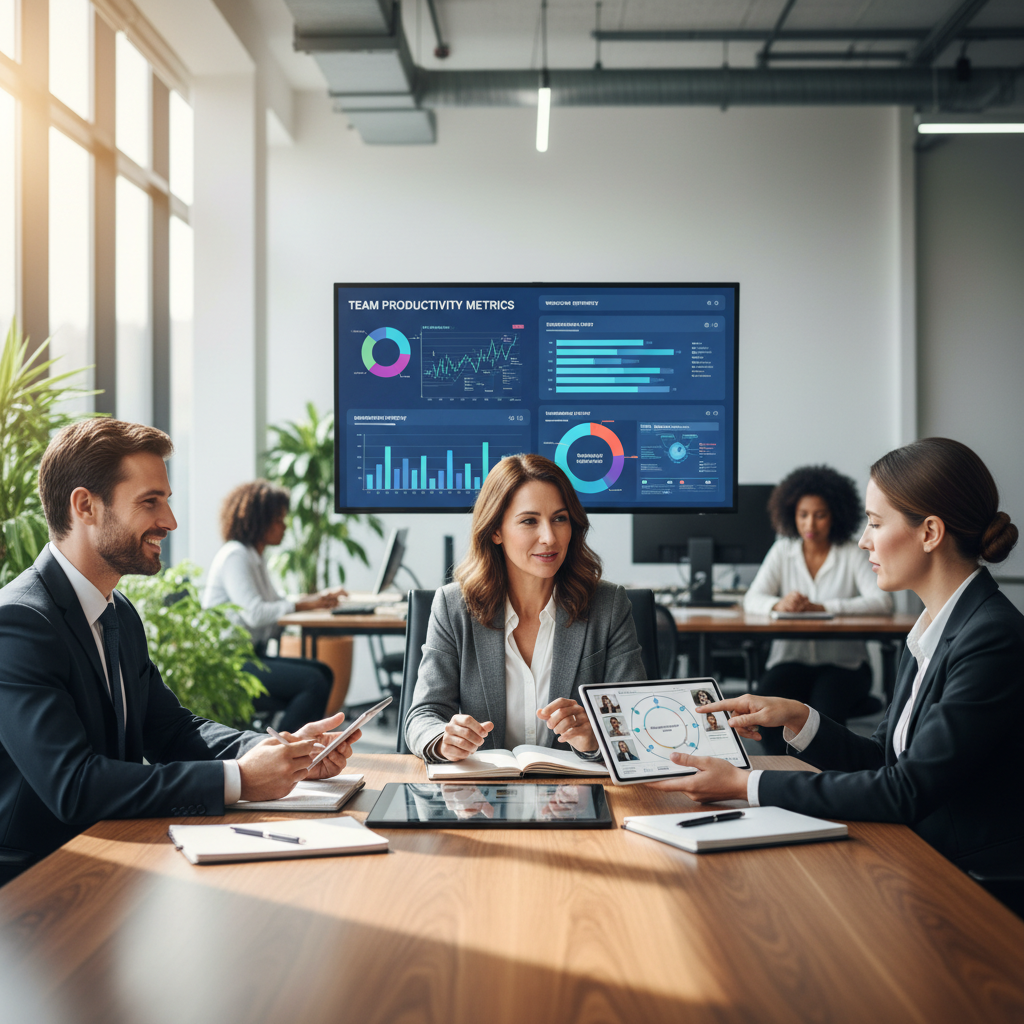 Interview scene with diverse candidates and digital assessments, modern workplace, focused discussions for hiring productivity coordinator.