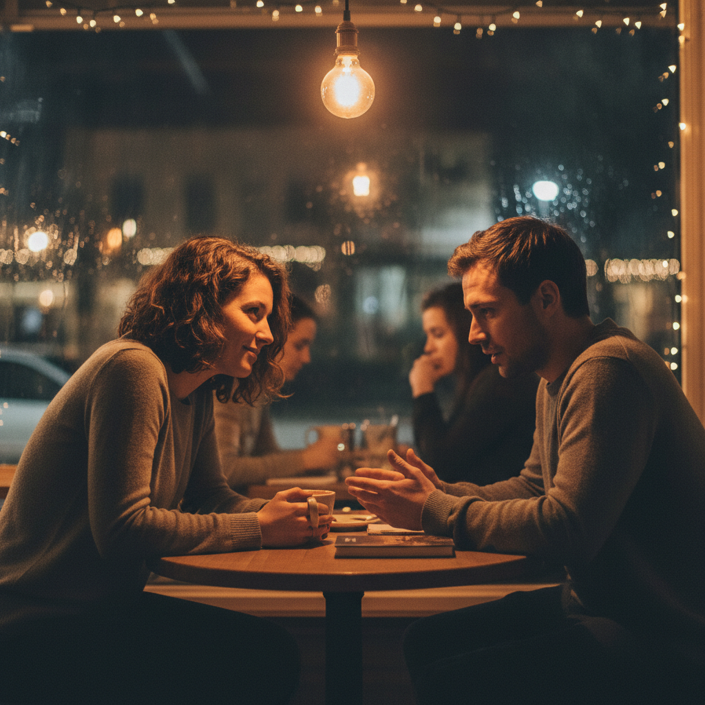 Para rozmawiająca w nastrojowej kawiarni, jeden wyraźnie słucha drugiego z zaangażowaniem
