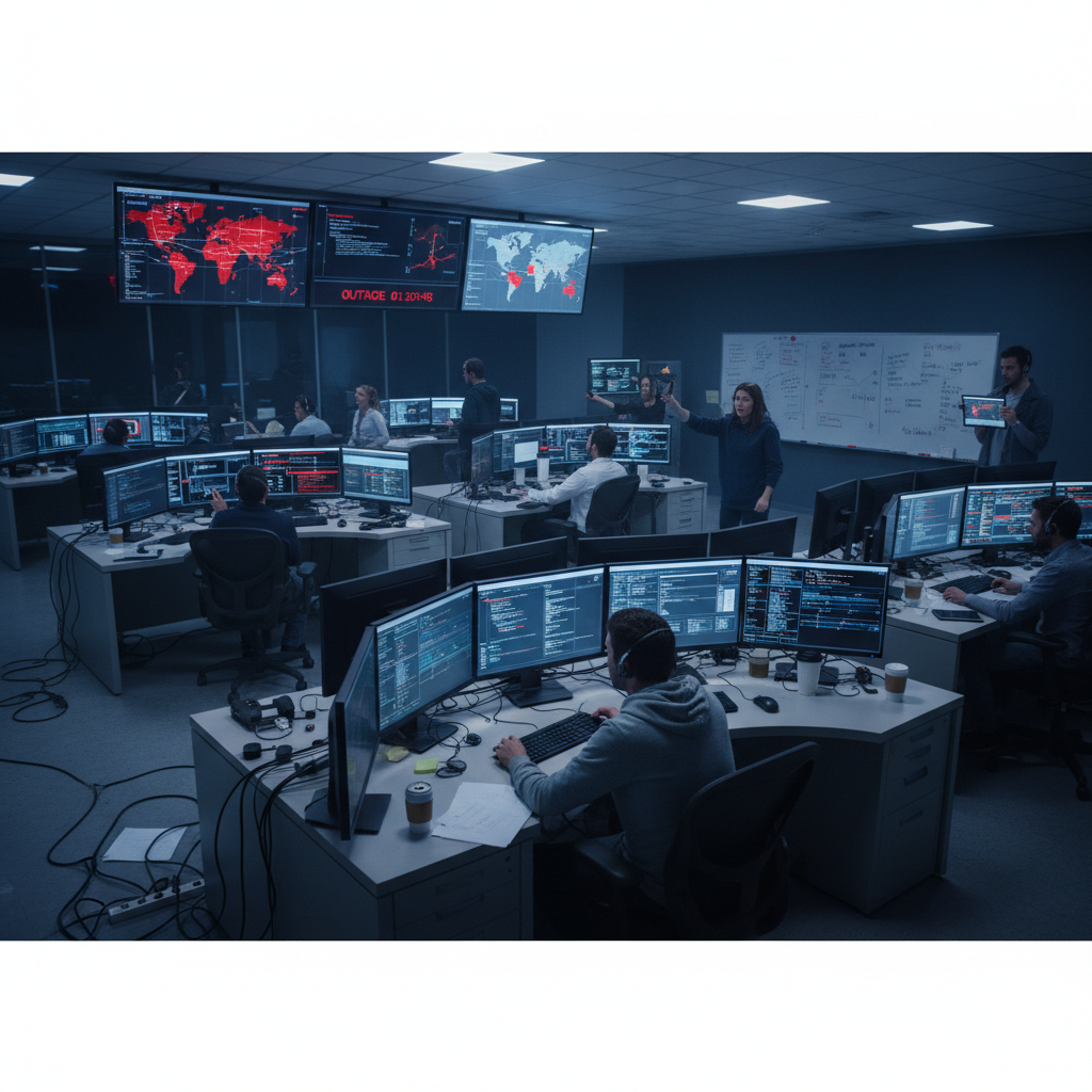 IT control room during major outage, urgency and chaos as teams scramble