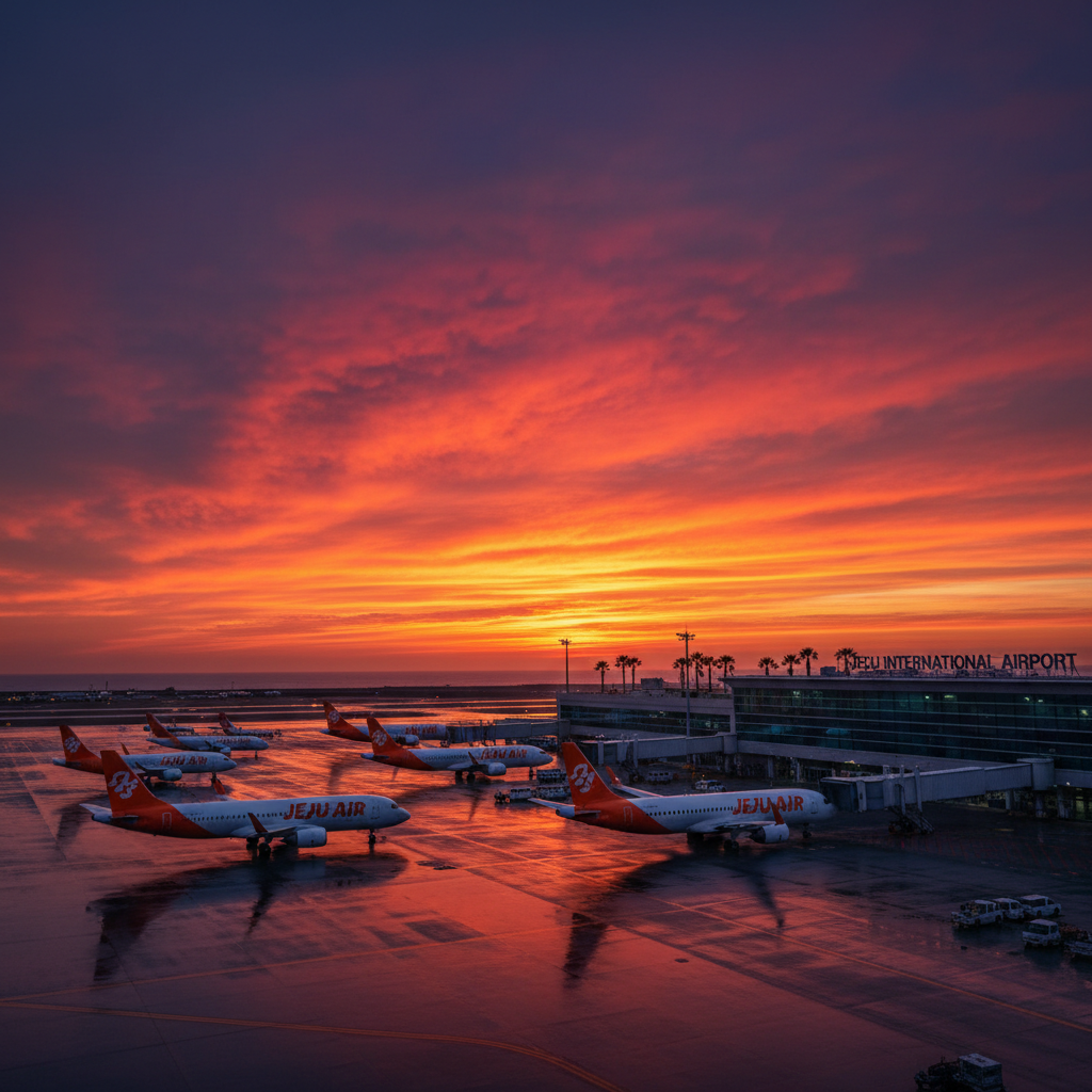 Lineup of different airline planes at Jeju airport, sunset, bold colors