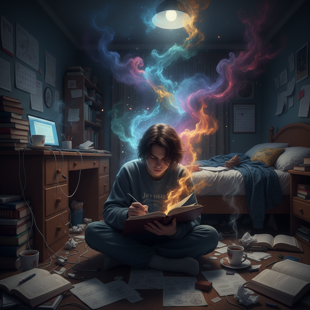 Intense person journaling in a dim chaotic room, colored smoke representing complex emotions, journaling to understand emotional patterns