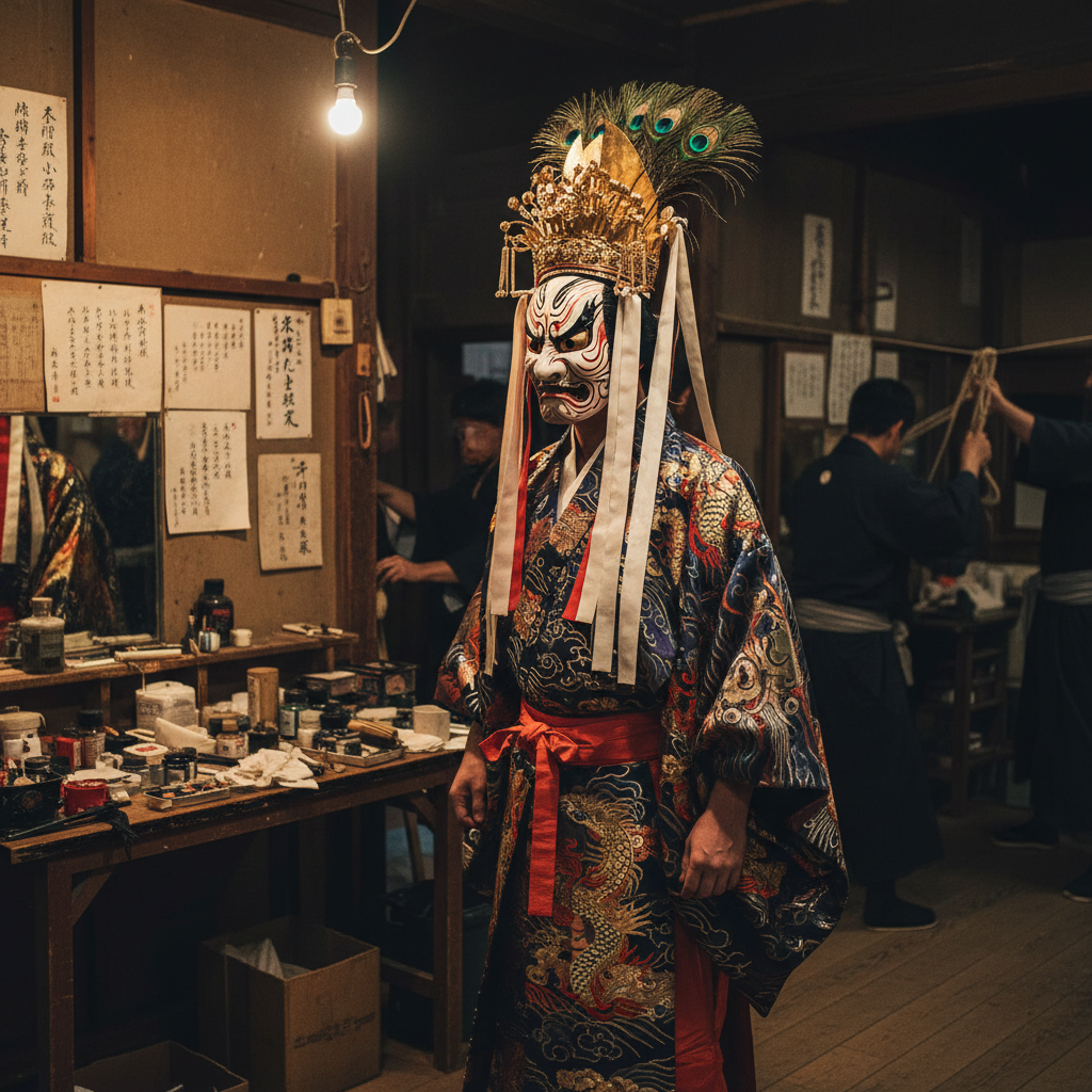 Kabuki actor donning elaborate mask, symbolizing tradition