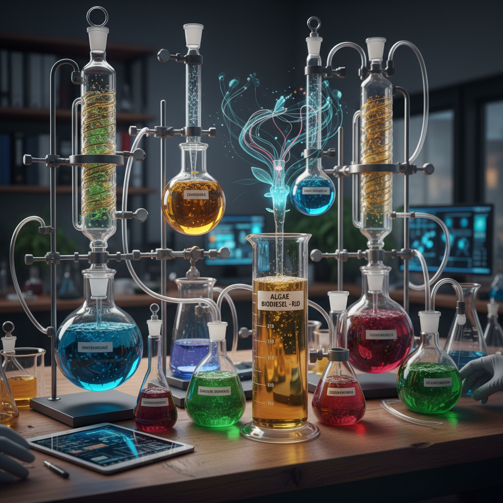 Lab glassware with various alternative fuels, closeup, colored liquids, research setting