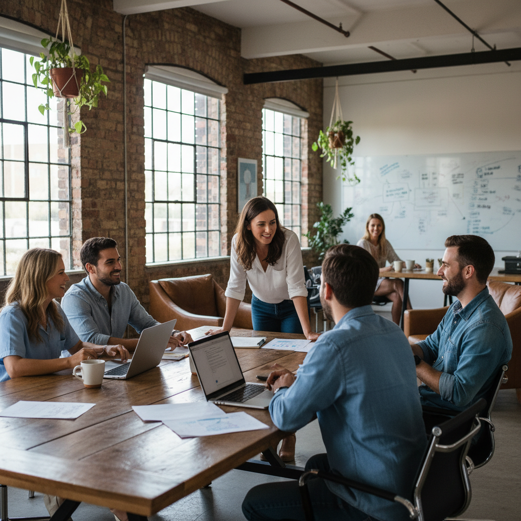 Lider słuchający swojego zespołu, autentyczna scena w biurze, motywacja pracowników
