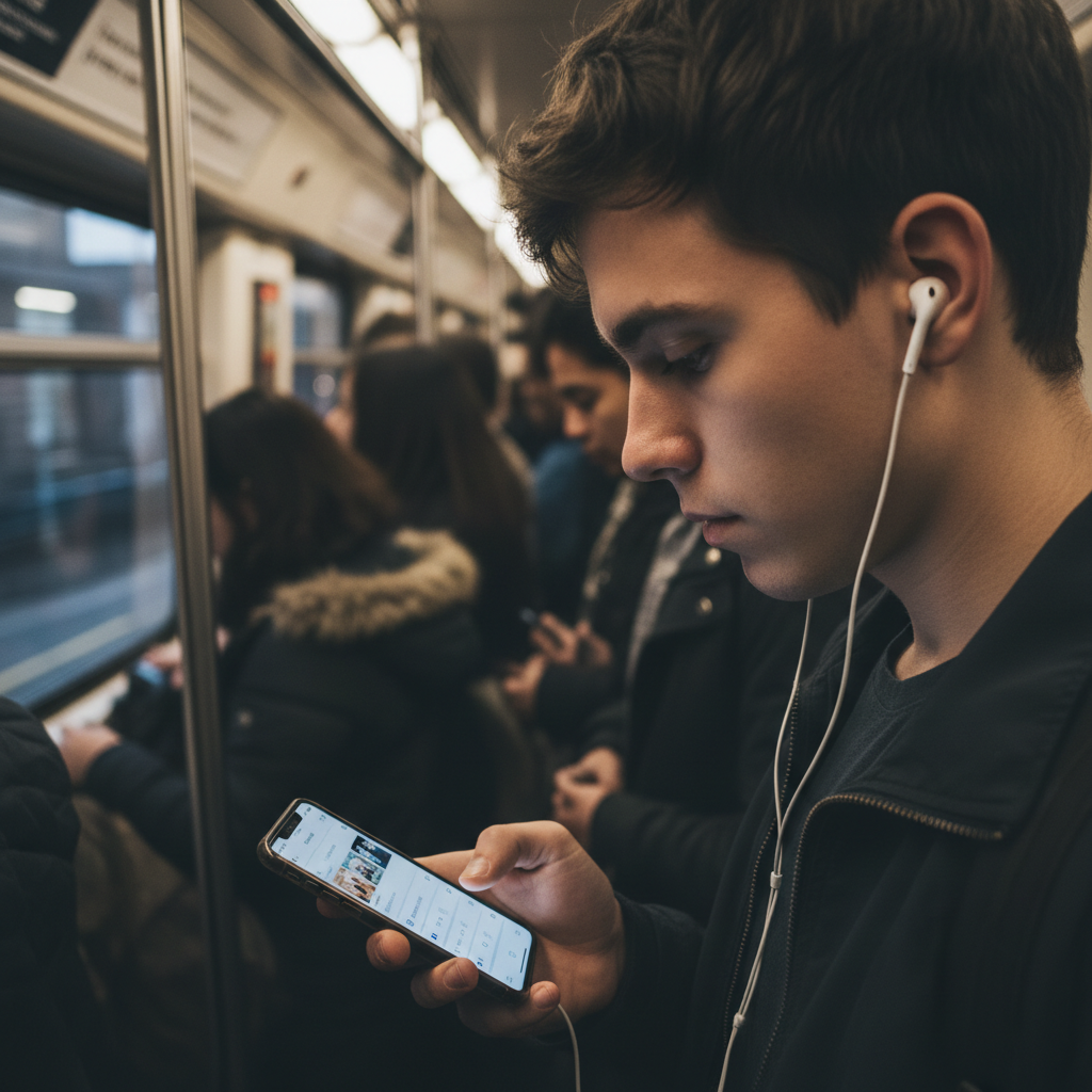 Słuchacz przeglądający playlistę na smartfonie w zatłoczonym metrze