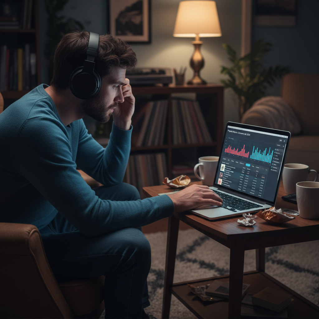 Słuchacz analizujący swoją playlistę na laptopie – weryfikacja świeżości muzyki