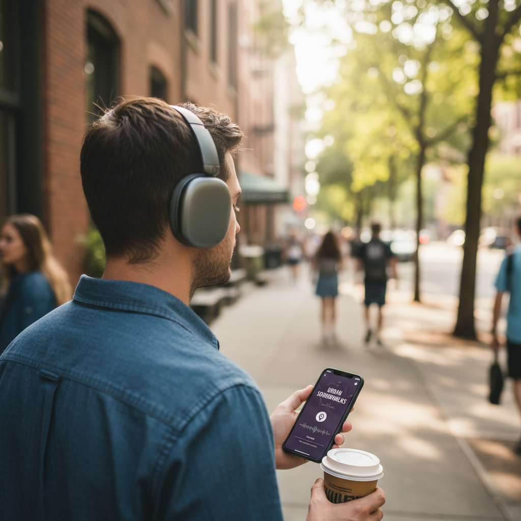 Zdjęcie osoby słuchającej podcastu w języku angielskim podczas spaceru po polskim mieście