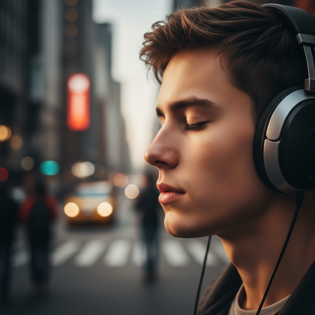 Focused person with headphones, listening in a noisy environment