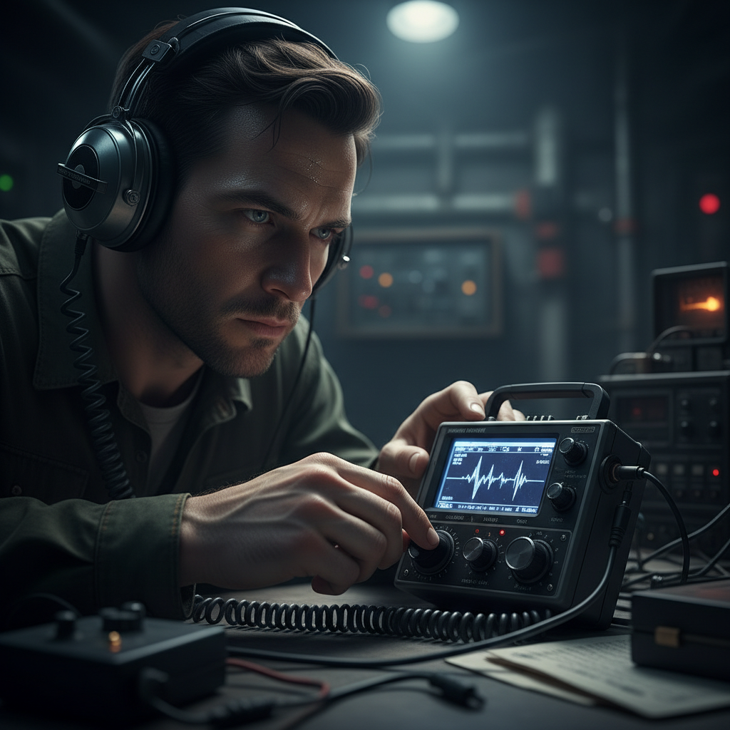 Character listening through a wire, audio waveform overlay, tense