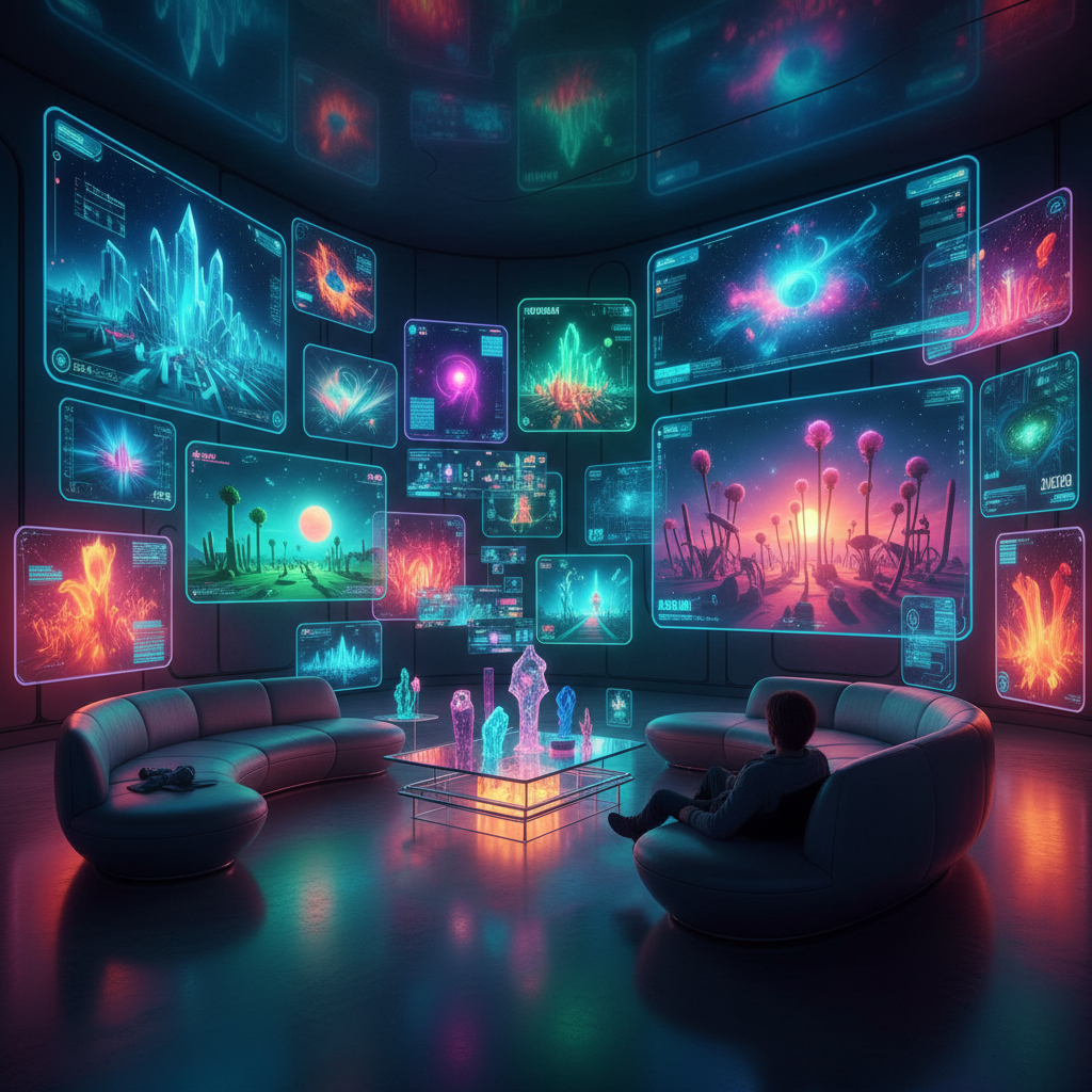 Living room filled with screens streaming alternate reality films in vivid colors