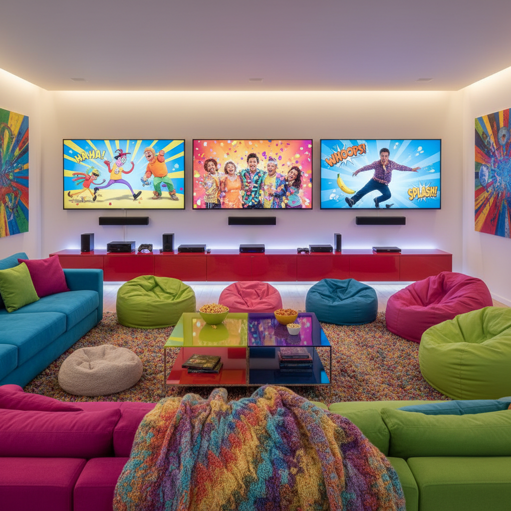 A modern living room with several screens showing different smart comedy films, representing the rise of movie deceptively smart comedy in streaming