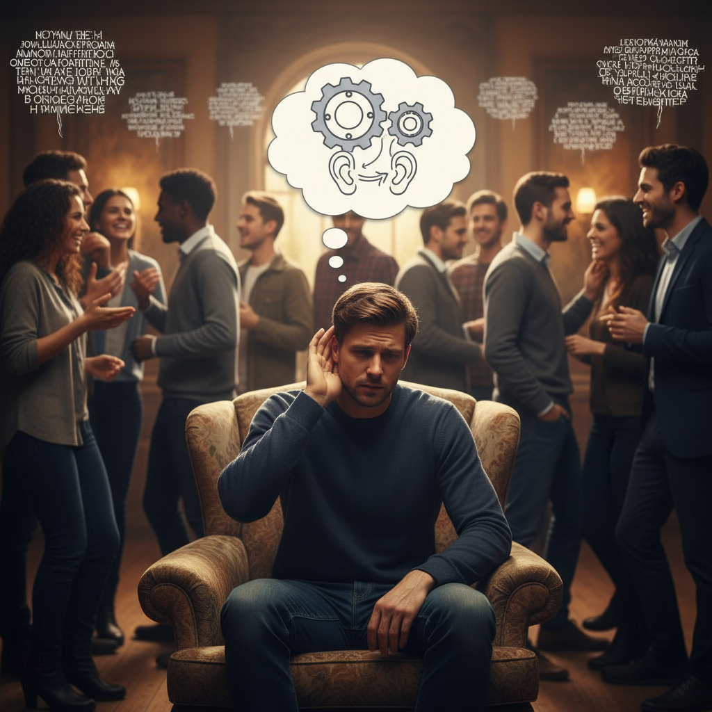 A person surrounded by people but staring into space, illustrating loneliness despite presence