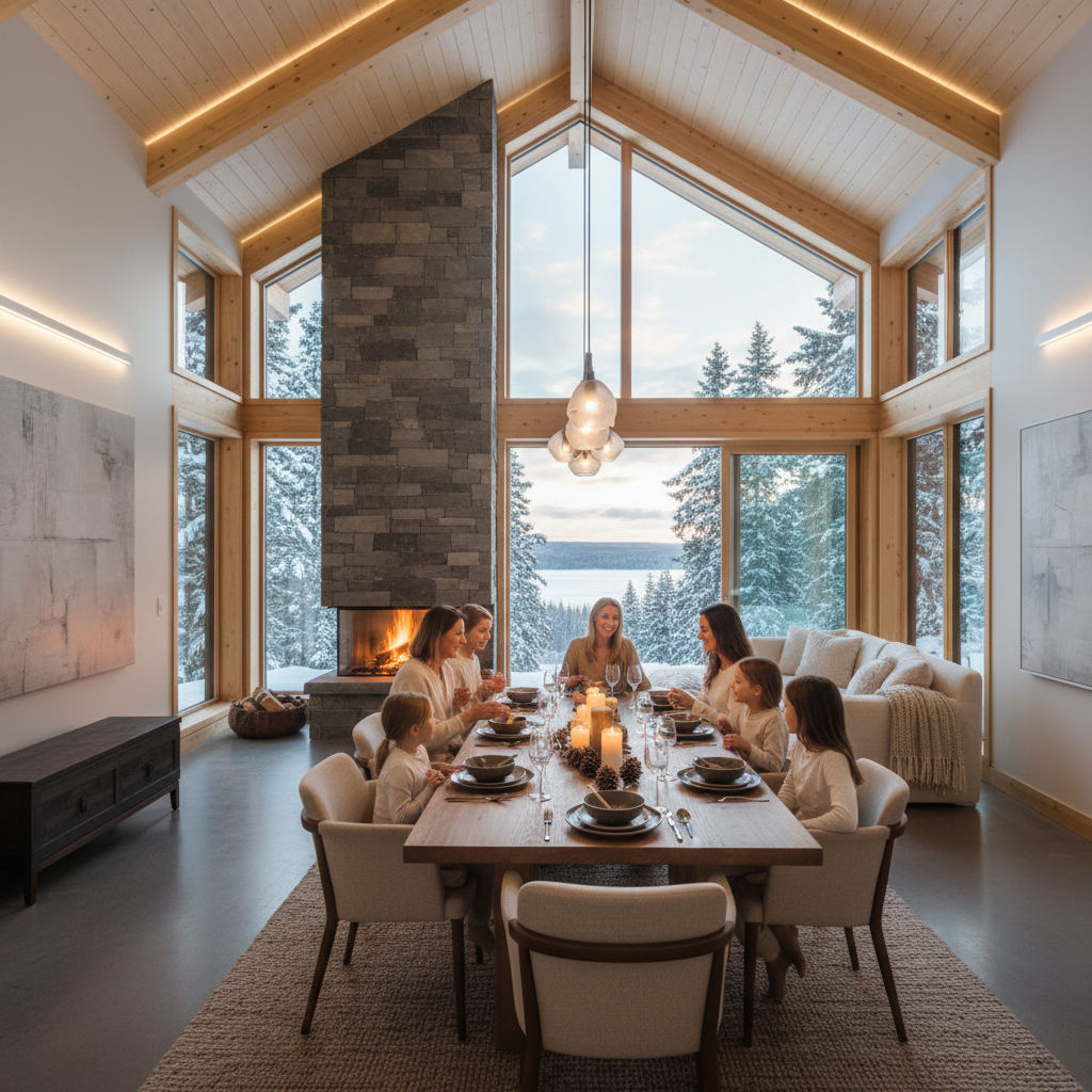 Rodzina w luksusowym domku, wspólny posiłek, relaks, nowoczesne wnętrze