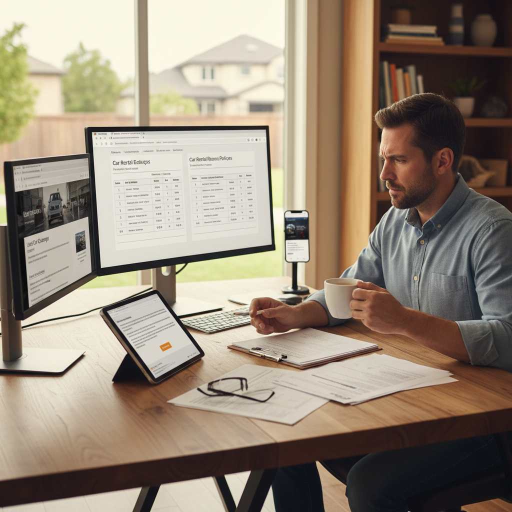 Man comparing car return policies on multiple devices, modern home office