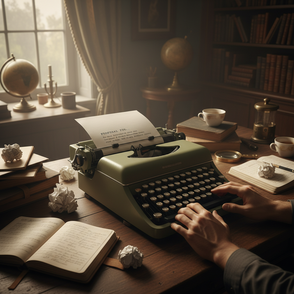 Vintage office scene with manual typewriter and papers, representing the old-school proposal creation era
