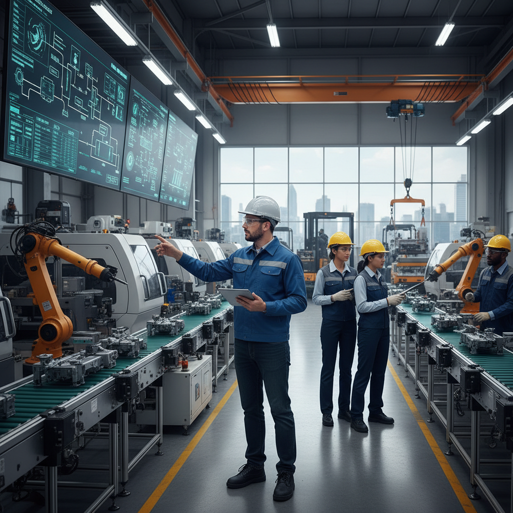 Manufacturing process coordinator supervising workflow on factory floor