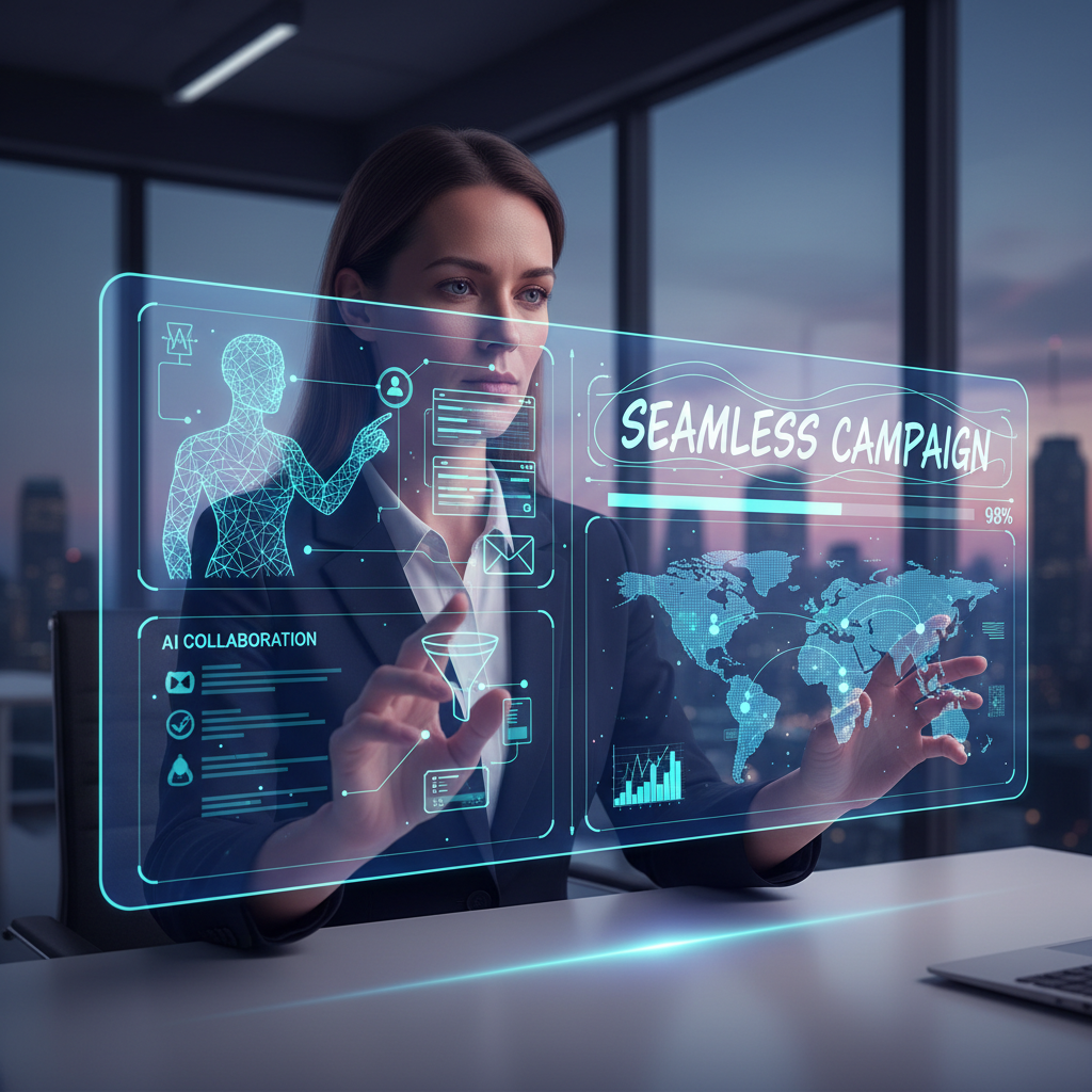 Marketing coordinator using AI-powered tools for seamless campaign management, digital interface collaboration