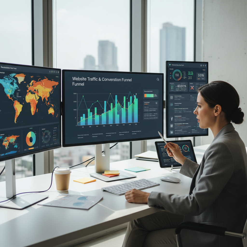 Marketing coordinator reviewing digital analytics and campaign results, multiple glowing screens