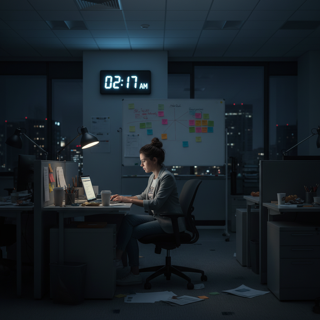 Marketing coordinator working overtime alone in office, late-night digital glow