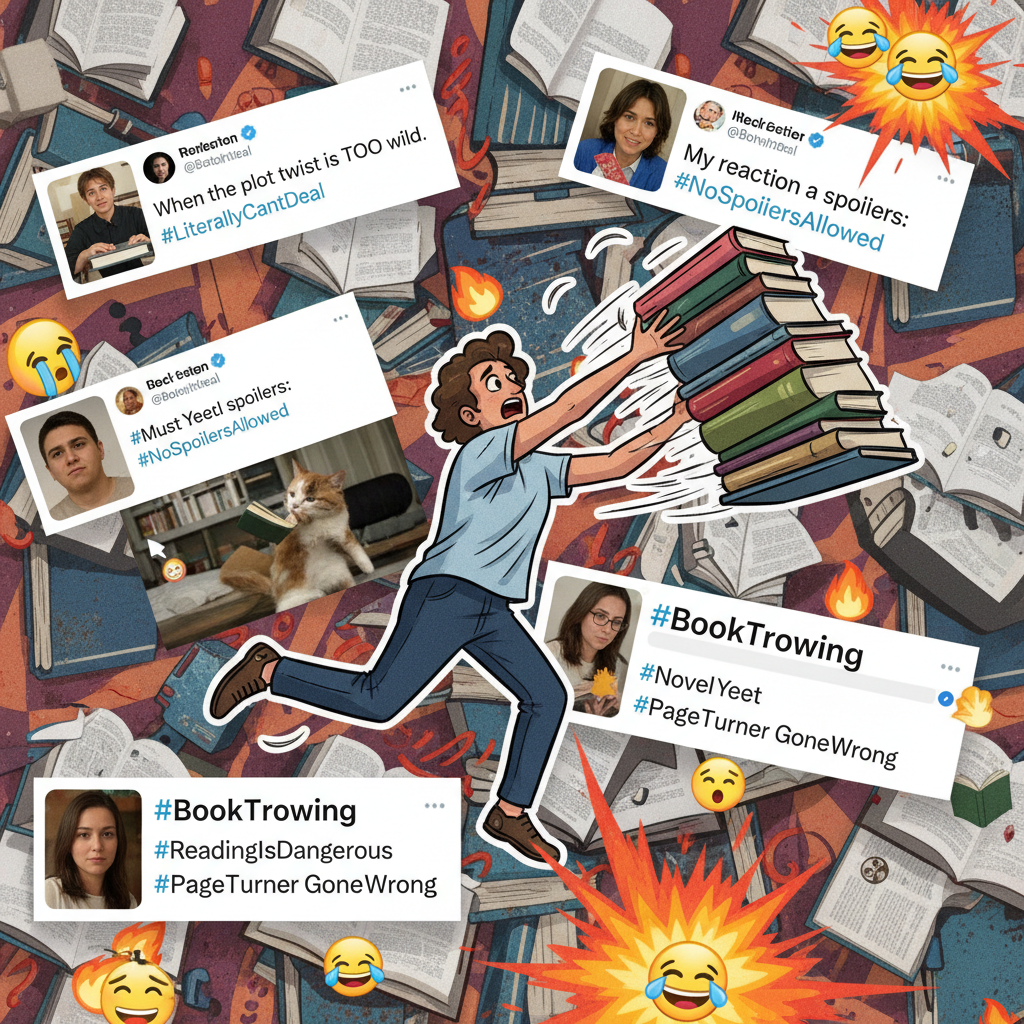 Meme-style digital collage: book mid-throw, trending hashtags, screenshots from viral tweets
