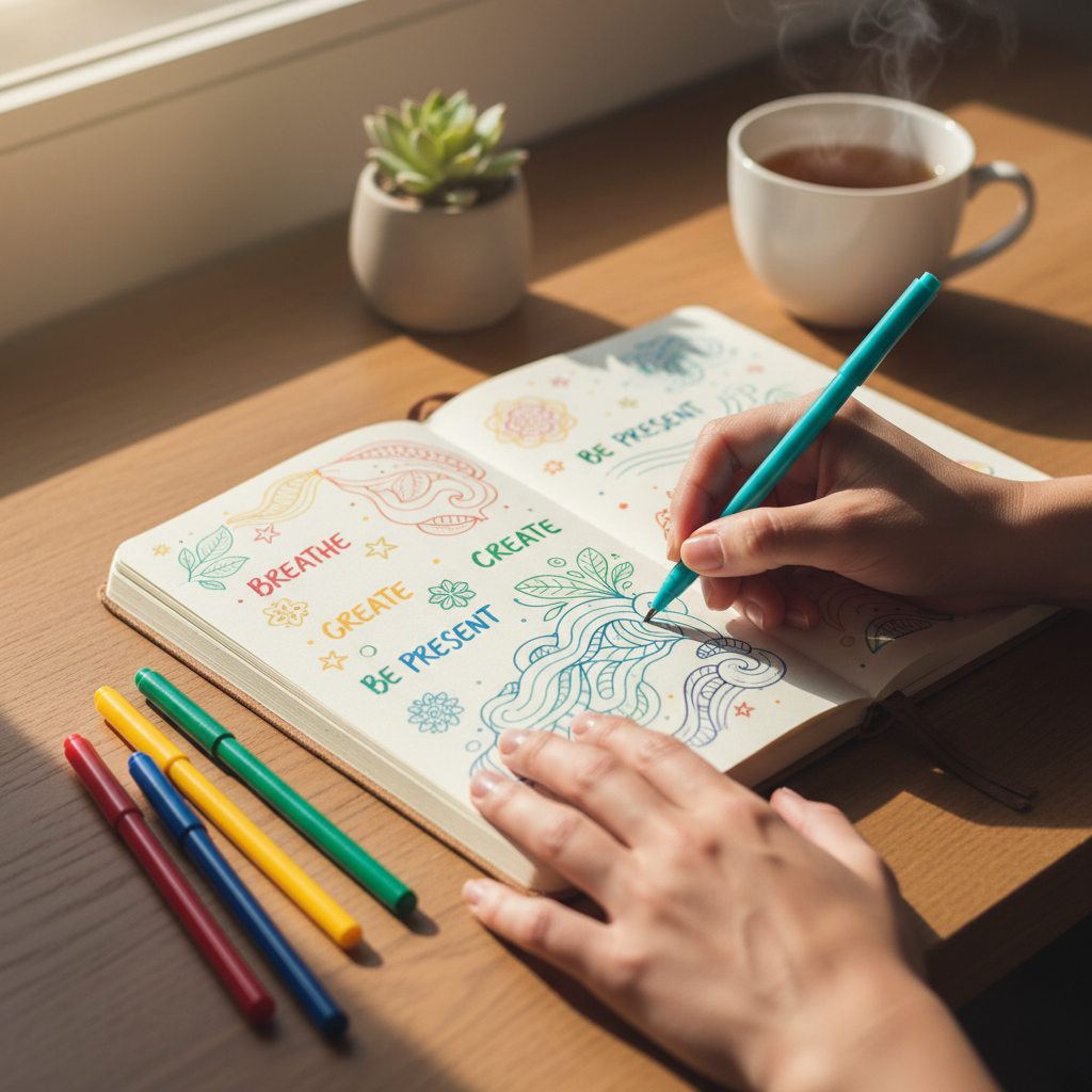 Visual journaling with mindfulness-inspired doodles and colored pens