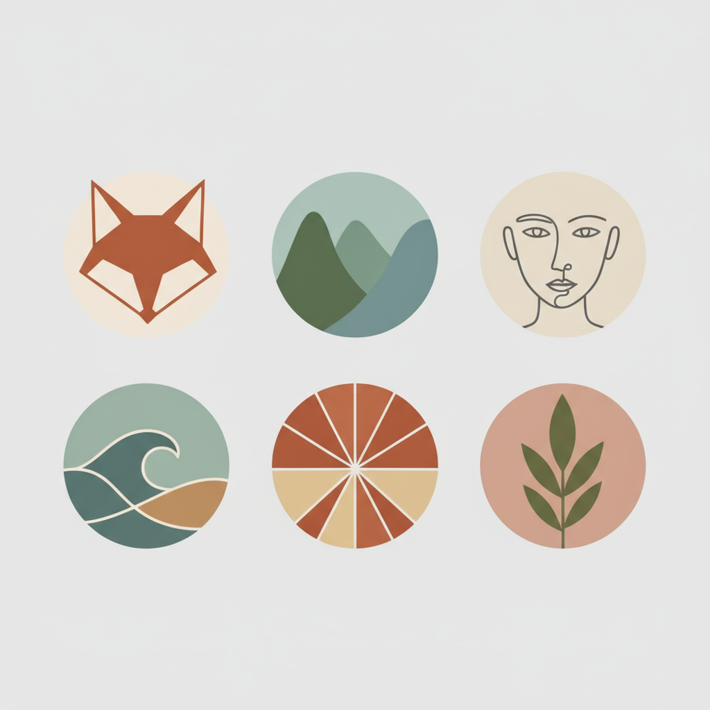 Przykładowe palety kolorów minimalistycznych – zdjęcie kilku kart kolorów na białym tle, obok przykładowe awatary w różnych zestawieniach barw